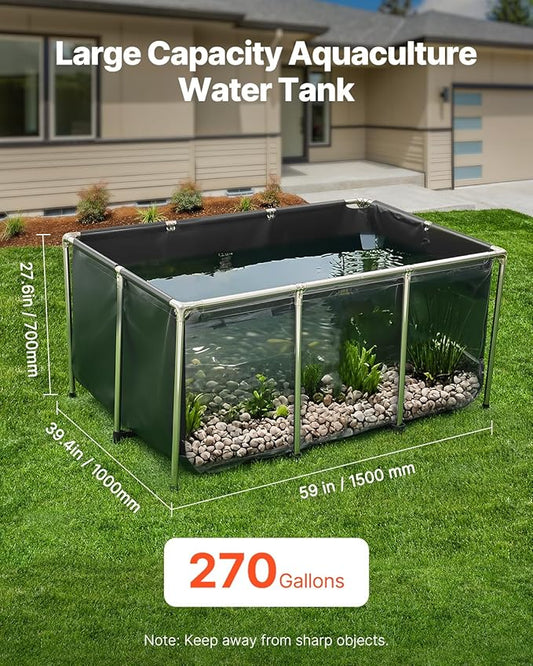 VEVOR Canvas Fish Pond, 270 Gal Above Ground Fish Pond, PVC Koi Tank with Clear Viewing Panel, Rectangular Goldfish Tank with Stainless Steel Frame & Drain Valve, for Breeding Koi, Irrigation(Black)
