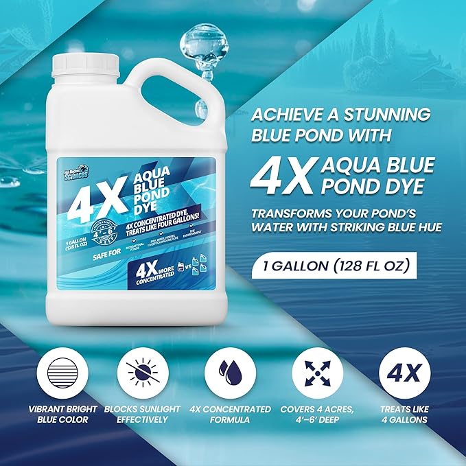 1 Gallon Aqua Blue Pond Dye 4X Concentrate, Lake & Pond Dye Blue for Aqua Colored Water, Ideal Lake Colorant, Aquashade Colorant That Protects Against Sunlight - Ideal for Fish and Wildlife