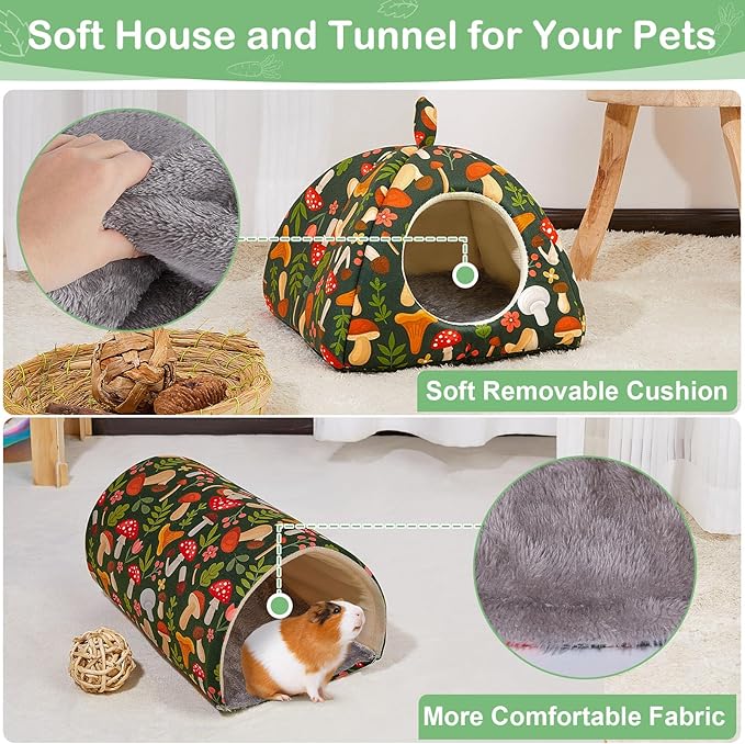 Bienbee Guinea Pig Hideout, Washable Rabbit Bed with Guinea Pig Tunnel, 2 Pack Guinea Pigs Toys Set Bunny Hideout Cage Accessories for Hamster Ferret Rabbits Bunny, Green Mushroom