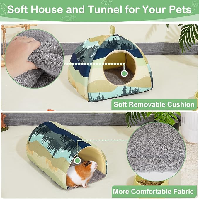 Bienbee Guinea Pig Hideout, Washable Rabbit Bed with Guinea Pig Tunnel, 2 Pack Guinea Pigs Toys Set Bunny Hideout Cage Accessories for Hamster Ferret Rabbits Bunny,Blue-Green Moutains