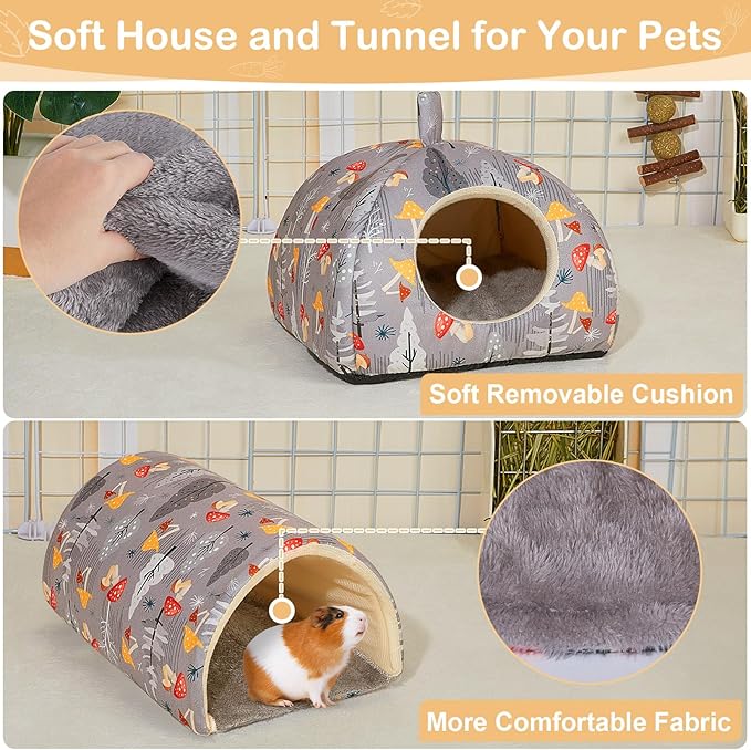 Bienbee Guinea Pig Hideout, Washable Rabbit Bed with Guinea Pig Tunnel, 2 Pack Guinea Pigs Toys Set Bunny Hideout Cage Accessories for Hamster Ferret Rabbits Bunny,Gray Mushroom