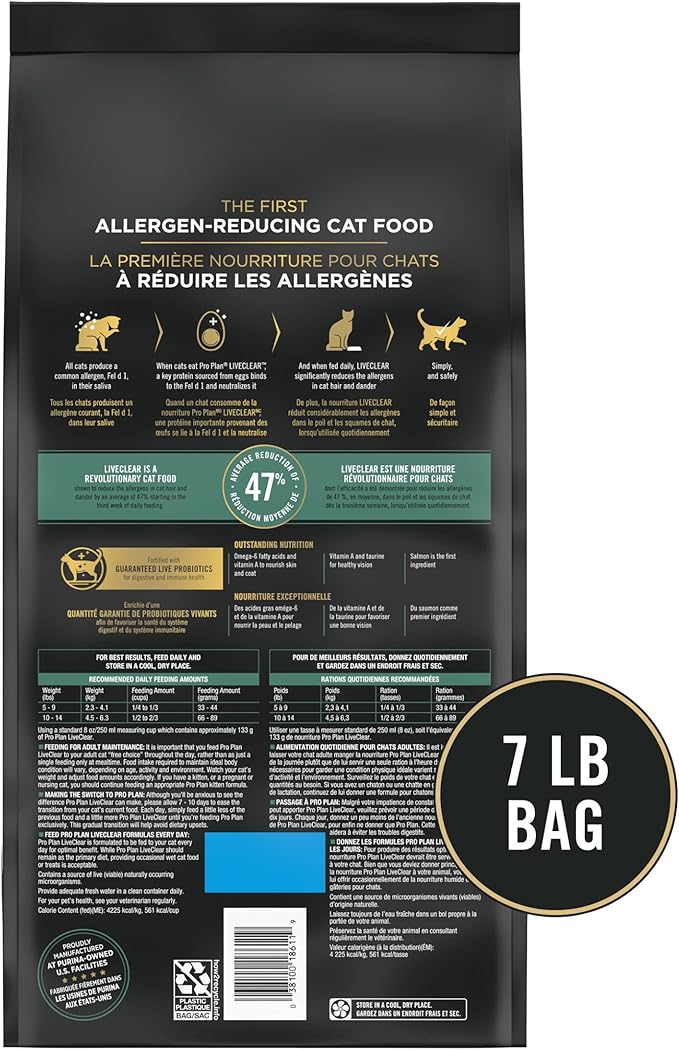 Purina Pro Plan Allergen Reducing, High Protein Cat Food, LIVECLEAR Salmon and Rice Formula - 7 lb. Bag