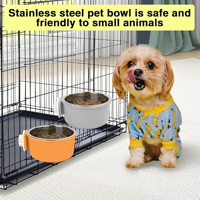 Hamiledyi 2-Pack Hanging Dog Bowls with Removable Stainless Steel Feeder - Spill-Proof Crate Bowls for Kennel/Cage, Puppy to Medium Dogs, Cats, Rabbits & Guinea Pigs (Durable Pet Food & Water Dishes)