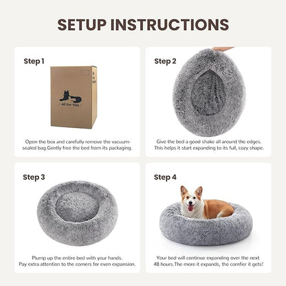 Calming Dog Bed - Donut Washable Medium Size Round Pet Bed for Dogs and Cats, 30 inches Anti-Slip Fluffy Faux Fur Plush Cat Bed, Anti-Anxiety Cushion with Anti-Slip Bottom
