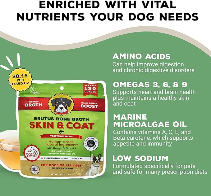 Brutus Broth Skin and Coat Meal Toppers for Dogs Mega Pack (Salmon Flavor) - Vegetable Broth Powder with Omegas 3, 6 & 9 - Dog Food Toppers for Dry Food - Makes 130oz of Liquid Bone Broth