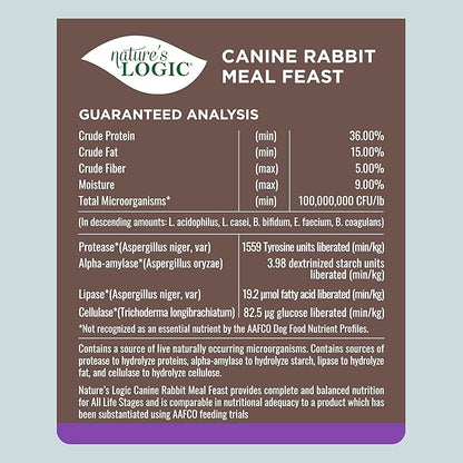 Nature's Logic Dry Dog Food - 100% Natural - No Synthetics - For All Ages, Sizes, Breeds - Free From Common Allergens, High Protein - Rabbit Meal Feast, 4.4lbs