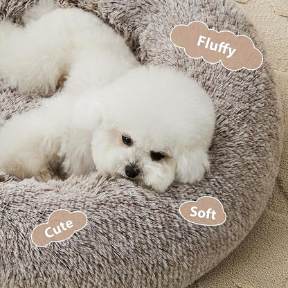 WNPETHOME Calming Dog Bed Cat Bed Donut, Faux Fur Pet Bed Self-Warming Donut Cuddler, Comfortable Round Plush Dog Beds (27 x 27 Inch, Light Coffee)