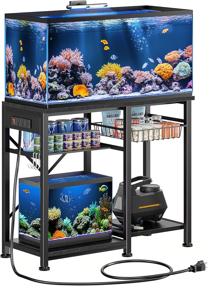 20-29 Gallon Aquarium Stand with 6 ft Power Strip, 5-Tier Metal Frame Fish Tank Stand 20 Gallon Fish Tank Stand 31.5" L*15.75" W Tabletop 400lbs Capacity (Pure Black, 20-29 Gallon)