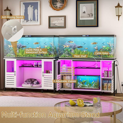 BREEZEHEAT 55-75 Gallon Fish Tank Stand with Power Outlets, LED Light, Adjustable Shelves, Heavy Duty Aquarium Stand with Cabinet, Terrarium stand Suitable for Turtle & Reptile Tank, 1250LBS, White