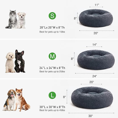 Love's cabin Calming Dog & Cat Bed, Cat Bed for Indoor Cats,Anti-Anxiety Donut Round Dog Bed,Fluffy Faux Fur Washable Bed for Small Medium Pet,Beige,Bluish Grey,30"