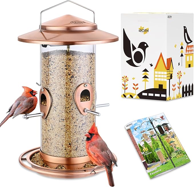 iBorn Metal Bird Feeder for Outside Hanging,Wild Bird Feeders for Cardinal,18cm Large Roof&Tray Brushed Copper 10 Port(Seed is not Included)
