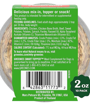 Greenies Smart Topper High Protein Wet Mix-in for Dogs, Chicken, Beef, Sweet Potatoes, Potatoes & Spinach Recipe in Vitabroth Broth- Bone Broth + Vitamins E & B1, 10 Count