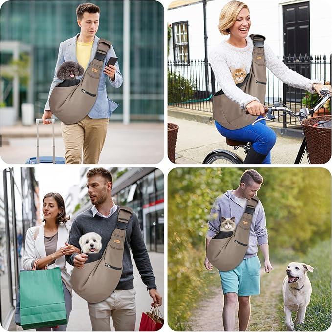 CUBY Dog and Cat Sling Carrier - Hands Free Reversible Pet Papoose Bag - Soft Pouch and Tote Design - Suitable for Puppy, Small Dogs Cats Outdoor (Khaki Senior, Adjust Strap 2.0)…