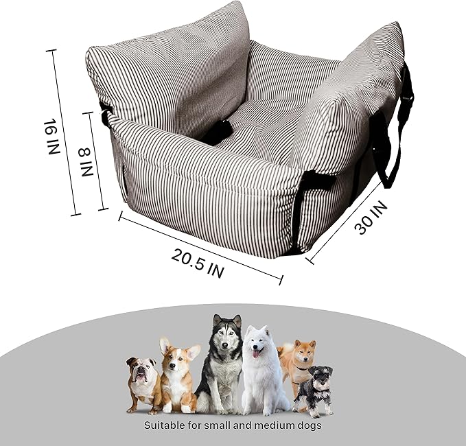 Dog Car Seat for Large/Medium Dogs Under 60 lbs Cats 2 in 1 Booster Seats Dog Bed for Car and Home Safety Travel Carrier with Pockets, Brown Stripes, 30''x 21''x 16"