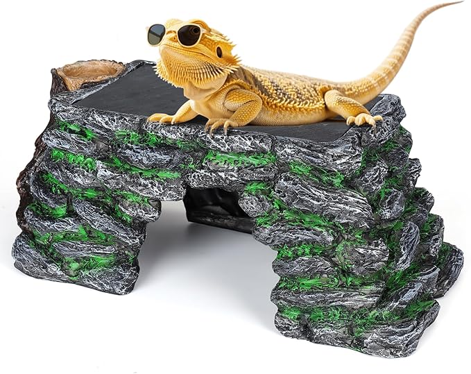 3 in 1 Large Bearded Dragon Basking Platform 13.4x7.1x5.3 in Scape Step Ledge Cave Hideout Natural Rock Reptile Food Bowl Reptile Tank Accessories for Lizard, Geckos, Ball Pythons, Tortoise