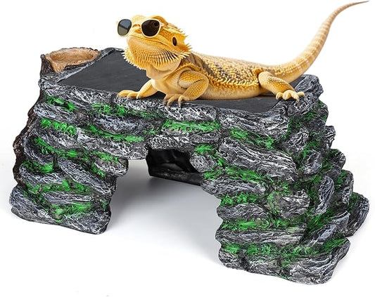 3 in 1 Large Bearded Dragon Basking Platform 13.4x7.1x5.3 in Scape Step Ledge Cave Hideout Natural Rock Reptile Food Bowl Reptile Tank Accessories for Lizard, Geckos, Ball Pythons, Tortoise