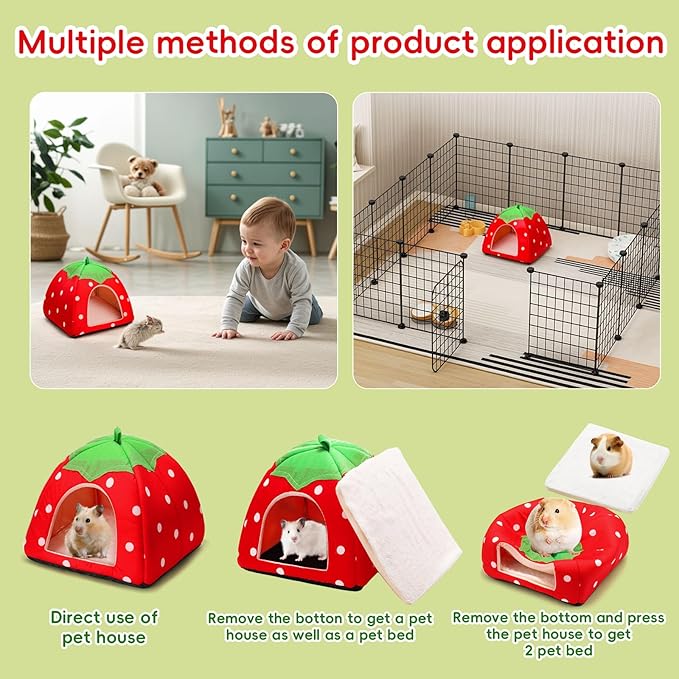 Guinea Pig Bed Rabbit Hideout Cozy Hamster Cave Leash Accessories Warm Fleece Cuddle Cup Washable Winter Sleeping House for Small Pet Strawberry Style