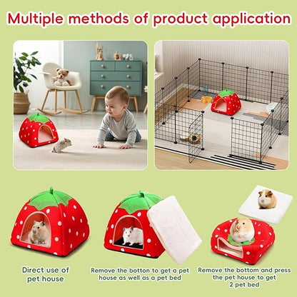 Guinea Pig Bed Rabbit Hideout Cozy Hamster Cave Leash Accessories Warm Fleece Cuddle Cup Washable Winter Sleeping House for Small Pet Strawberry Style