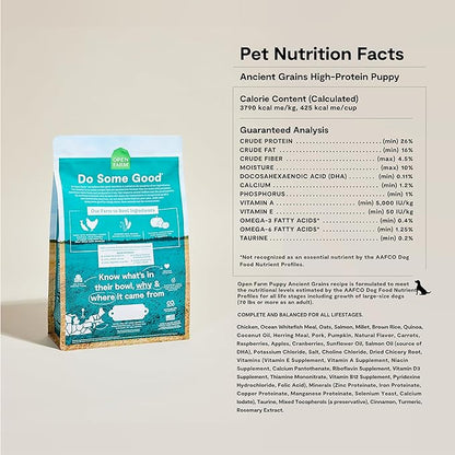 Open Farm, Ancient Grains Dry Dog Food for Puppies, Protein-Rich & Nutrient Dense, 90% Animal Protein Mixed with Non-GMO Fruits, Veggies and Superfoods, Chicken & Salmon Recipe for Puppy, 4lb Bag