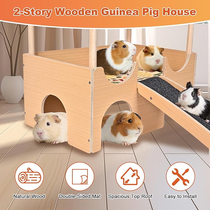 Large Wooden Guinea Pig Hideout, 2-Story Guinea Pig Castle with Non-Slip Stairs and Double-Sided Mat, Multi-Cave Design Small Animal House for Dwarf Hamsters, Sugar Gliders, Bunnny Habitat