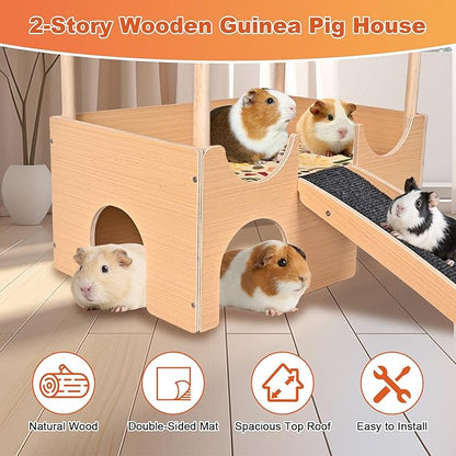Large Wooden Guinea Pig Hideout, 2-Story Guinea Pig Castle with Non-Slip Stairs and Double-Sided Mat, Multi-Cave Design Small Animal House for Dwarf Hamsters, Sugar Gliders, Bunnny Habitat