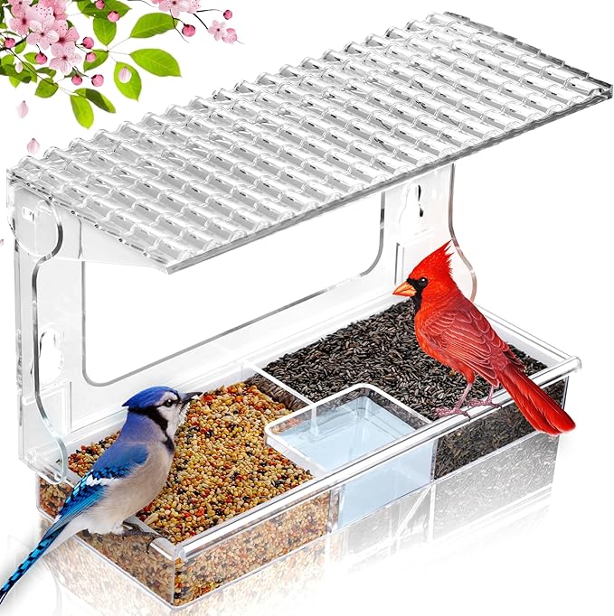 Window Bird Feeder for Outdoors with Strong Suction Cups, Acrylic Clear Window Bird Feeders for Viewing with Large Capacity Detachable Seed & Water Tray