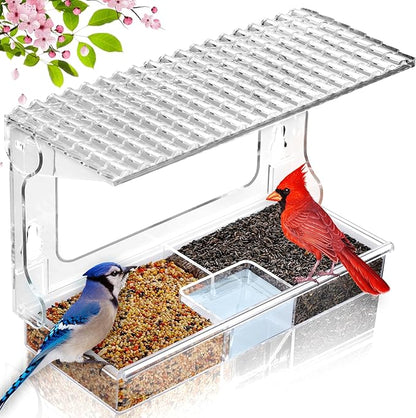 Window Bird Feeder for Outdoors with Strong Suction Cups, Acrylic Clear Window Bird Feeders for Viewing with Large Capacity Detachable Seed & Water Tray