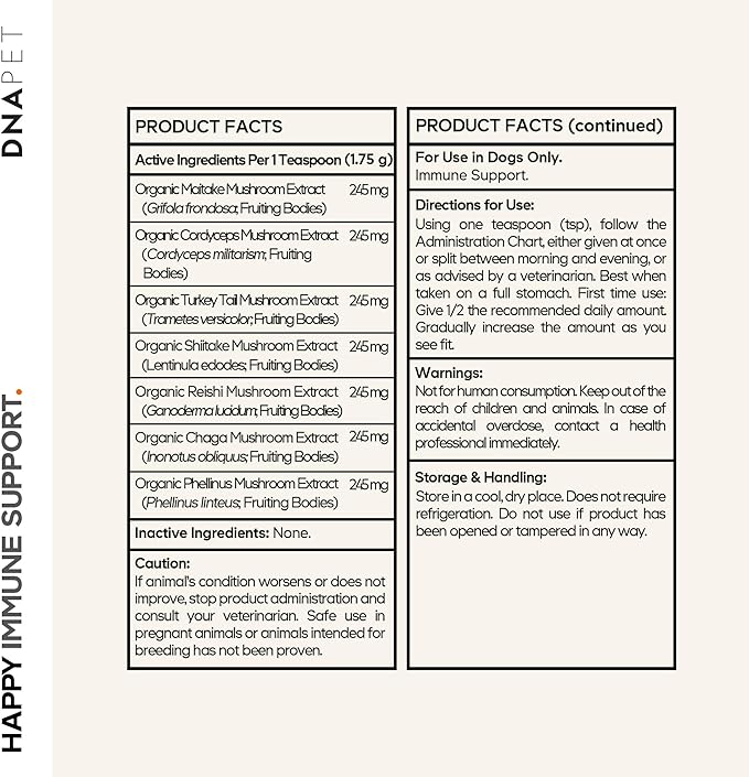 Happy Immunity USDA Certified Organic Mushroom Complex for Dogs, Organic Cordyceps Shiitake Reishi, Vegan Mushroom Blend Powder Canine Supplement, Advanced Mushroom Mix, Non-GMO, 3.5 oz