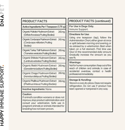 Happy Immunity USDA Certified Organic Mushroom Complex for Dogs, Organic Cordyceps Shiitake Reishi, Vegan Mushroom Blend Powder Canine Supplement, Advanced Mushroom Mix, Non-GMO, 3.5 oz