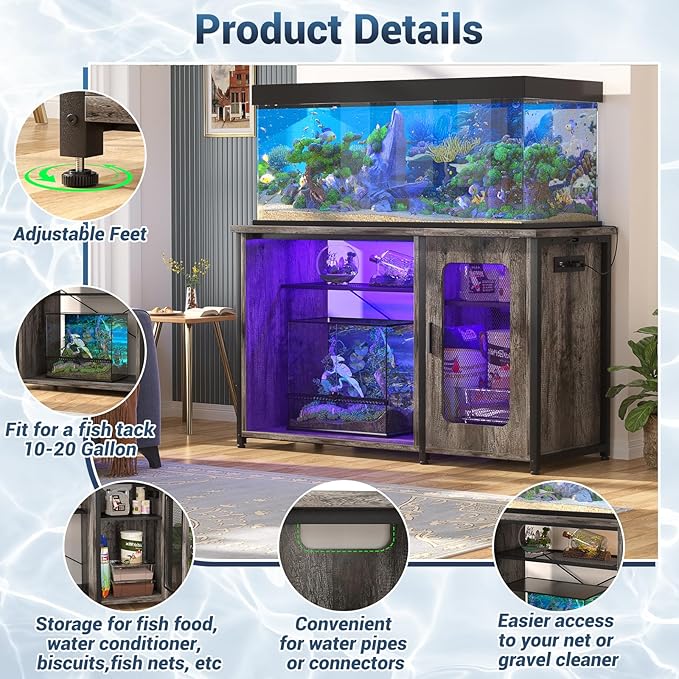 Unikito 55-75 Gallon Aquarium Stand with Power Outlets & LED Light, Reversible Fish Tank Stand with Cabinet for Fish Tank Accessories Storage, Heavy Duty Metal Frame, 880LBS Capacity, Black Oak