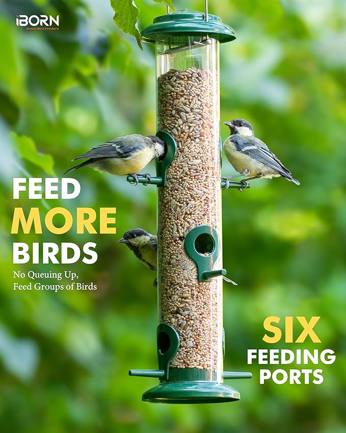 iBorn Metal Bird Feeders 6 Ports Hanging Wild Bird Seed Feeder for Mix Seed Blends, Niger Seed Feeder, Sunflower Heart, Birdbath, Heavy Duty All Metal Green Finishing 14 Inch 6Port, Pack of 2