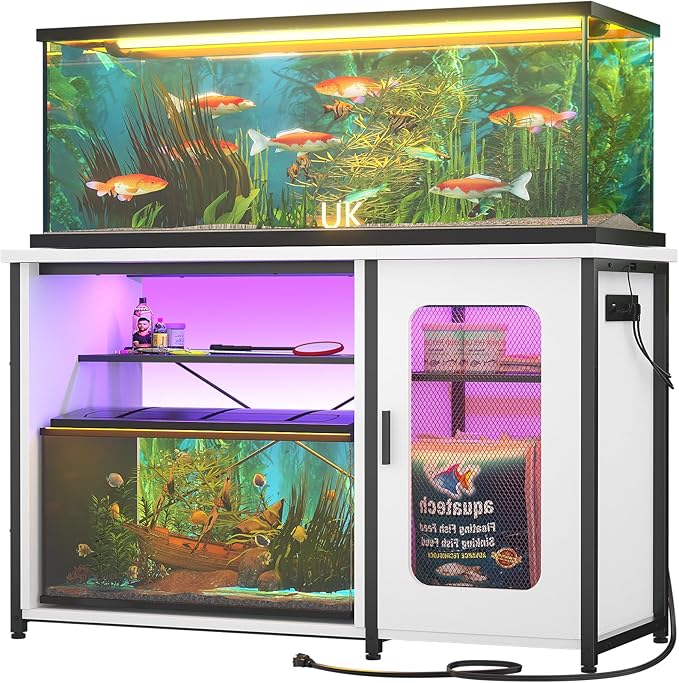 Unikito 55-75 Gallon Aquarium Stand with Power Outlets & LED Light, Reversible Fish Tank Stand with Cabinet for Fish Tank Accessories Storage, Heavy Duty Metal Frame, 880LBS Capacity, White