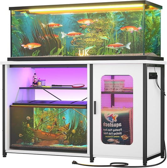 Unikito 55-75 Gallon Aquarium Stand with Power Outlets & LED Light, Reversible Fish Tank Stand with Cabinet for Fish Tank Accessories Storage, Heavy Duty Metal Frame, 880LBS Capacity, White