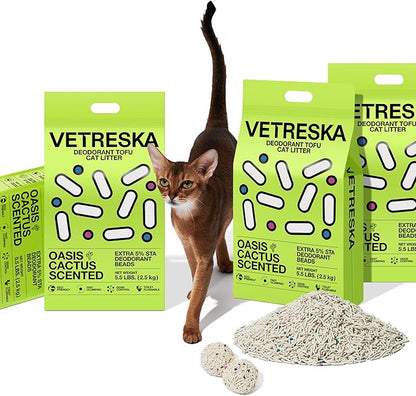 VETRESKA Tofu Cat Litter, Natural Strong Clumping Flushable Litter Pellets, Ultra Water Absorbent Deodorant Tofu Litter, Dust-Free Low Tracking Cat Litter, Cactus(5.5lb×4bags)