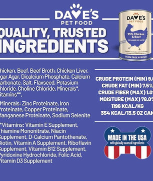 Dave's Pet Food Grain Free Wet Dog Food (95% Chicken & Beef), Made in USA, Limited Ingredients, Added Vitamins & Minerals, 12.5 oz Cans (12 Pack)