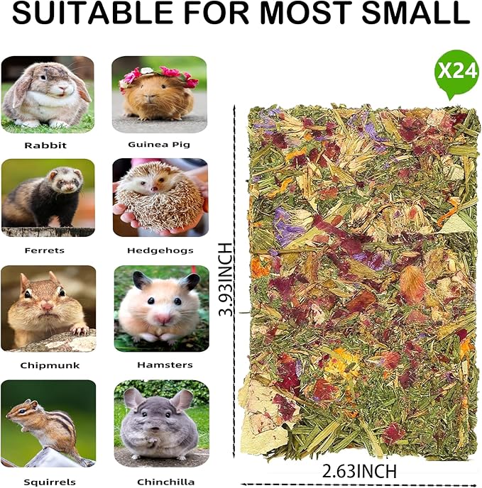 Rabbit Toys 24pcs Bunny Toy Guinea Pig Treats Timothy Hay Chew Toys Chips with Herbal Flowers Hamster Snacks Chinchillas Gerbils for Teeth Apple Sticks Sweet Bamboo