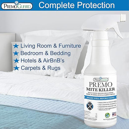Premo Guard Mite Treatment Spray – 32 oz – Kills Dust, Human Itch, Spider, Carpet, Bird, Mouse & Rat Mites in Home, on Furniture, Bedding – Natural Non-Toxic 100% Effective – Child & Pet Safe