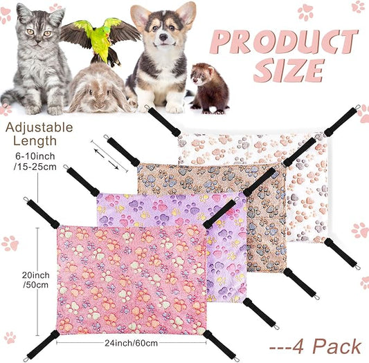 Geelin 4 Pcs Cat Hammock for Cage Hanging Soft Pet Hammock Bed with Adjustable Straps and Metal Hooks Double Sided Bed for Large & Small Cats Ferret Rat Sugar Glider Puppy(Paw,20 x 24 Inch)
