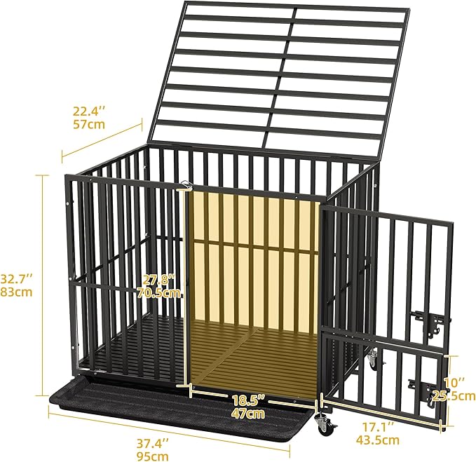 DWVO Heavy Duty Dog Crate, 38 Inch Escape-Proof Dog Cage Indoor Kennel for Medium Small Dogs with Lockable Wheels, 3-Door Design, High Anxiety Dogs Crate with Removable Trays