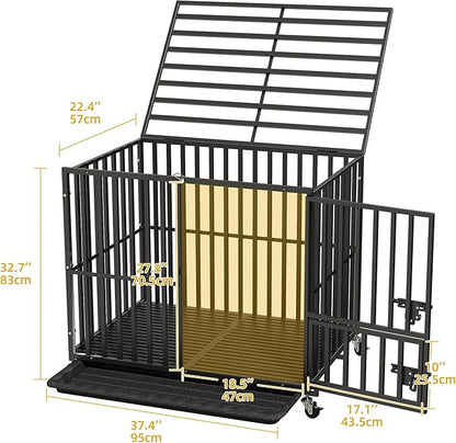 DWVO Heavy Duty Dog Crate, 38 Inch Escape-Proof Dog Cage Indoor Kennel for Medium Small Dogs with Lockable Wheels, 3-Door Design, High Anxiety Dogs Crate with Removable Trays