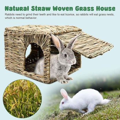 BWOGUE Extra Large Grass House for Rabbits,Hand Crafted Natural Grass Hideaway Foldable Bed Hut with Openings Playhouse for Bunny Guinea Pig Chinchilla Ferret for Play and Sleep(2 Pack)
