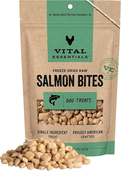 Vital Essentials Salmon Bites Dog Treats, 5 oz | Freeze-Dried Raw | Single Protein | Premium Quality High Protein Training Treats | Grain Free, Gluten Free, Filler Free