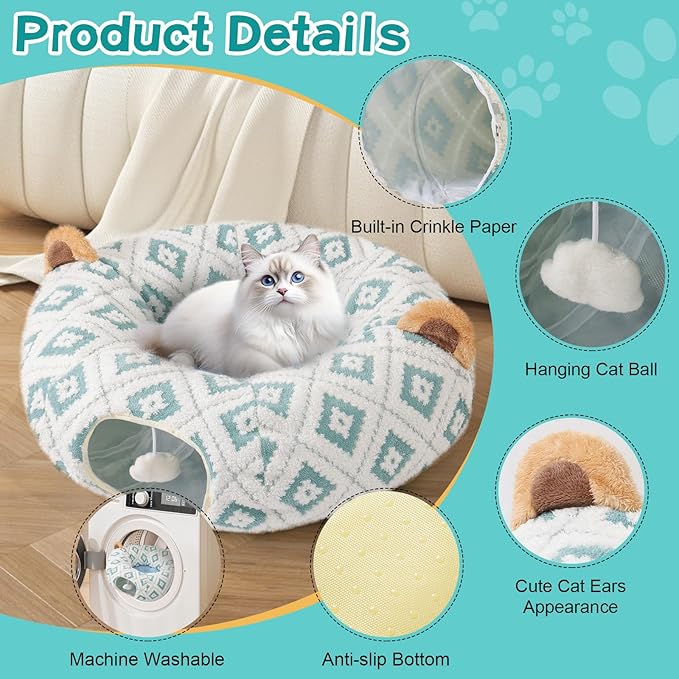 Cat Tunnel Bed with Soft Cushion, Cat Donut Tunnels for Indoor Cats, Peekaboo Cat Cave Toy, Multifunctional Playground Toys for Kittens, Rabbit, Blue Jacquard Pattern
