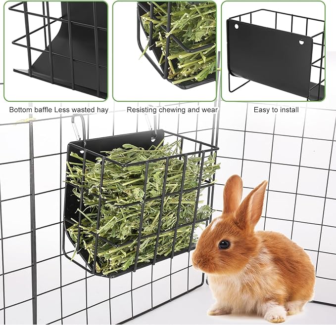 2PCS Rabbit Hay Feeder with Heavy-Duty Metal Frame Rabbit Hay Holder, Bunny Hay Feeder Guinea Pig Hay Holder,for Rabbits Guinea Pigs Bunny Chinchillas and Small Animals (Black)