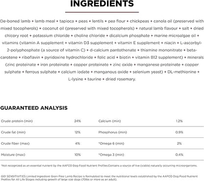 Go! Solutions Sensitivities Limited Ingredients, Grain-Free Dry Dog Food, Lamb Recipe for Sensitive Stomach, 12 lb Bag