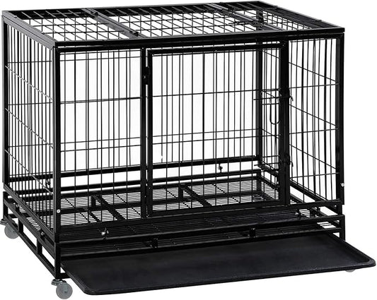 Dog Crate Cage for Large Dogs Heavy Duty 48/42/36Inches Dog Kennel Pet Playpen for Training Indoor Outdoor with Plastic Tray Double Doors & Locks Design (42")