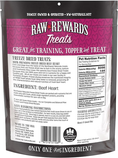 Northwest Naturals Raw Rewards Freeze-Dried Beef Heart Treats for Dogs and Cats - Bite-Sized Pieces - Healthy, 1 Ingredient, Human Grade Ingredients, All Natural, Proudly Made in USA, 3 Oz (Pack of 3)