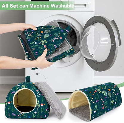 Bienbee Guinea Pig Hideout, Washable Rabbit Bed with Guinea Pig Tunnel, 2 Pack Guinea Pigs Toys Set Bunny Hideout Cage Accessories for Hamster Ferret Rabbits Bunny,Dark Green Flower Branches