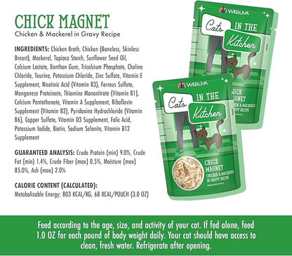 Weruva Cats in The Kitchen, Chick Magnet with Chicken & Mackerel in Gravy Cat Food, 3oz Pouch (Pack of 12)