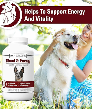 Vet Classics Blood & Energy Support for Dogs, Supports Endurance with Spirulina, Yellow Dock, & Alfalfa Support Formation of Hemoglobin and Myoglobin, 120 Chewable Tablets